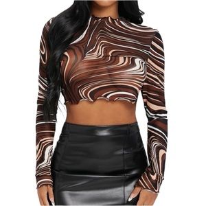 Women’s Long Sleeve Marbled Swirl Groovy Print Lettuce Trim Mesh Crop Top